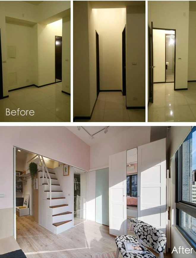 Căn hộ 48,5m² trở nên ấn tượng với sự thay đổi táo bạo: Đập bỏ tường ngăn và thêm gác lửng. Không gian sống